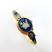 Load image into Gallery viewer, Vintage André Mouche Quartz Watch with Navy Enamel Floral Design, Concealead Dial and Gold-Plated Bangle Bracelet
