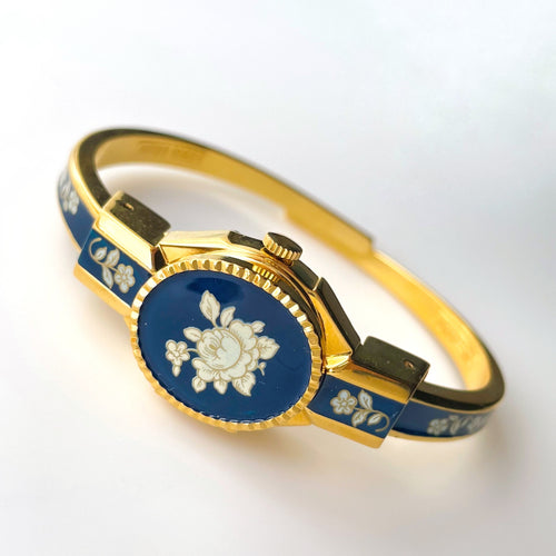Vintage André Mouche Quartz Watch with Burgundy Enamel Floral Design, Concealead Dial and Gold-Plated Bangle Bracelet