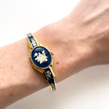 Load image into Gallery viewer, Vintage André Mouche Quartz Watch with Navy Enamel Floral Design, Concealead Dial and Gold-Plated Bangle Bracelet
