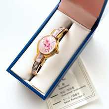 Load image into Gallery viewer, Vintage Andr√© Mouche Quartz Watch with White &amp; Pink Enamel Floral Design, Concealead Dial and Gold-Plated Bangle Bracelet
