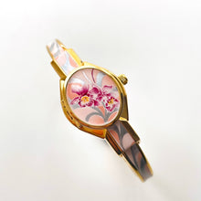 Load image into Gallery viewer, Vintage Andr√© Mouche Quartz Watch with White &amp; Pink Enamel Floral Design, Concealead Dial and Gold-Plated Bangle Bracelet
