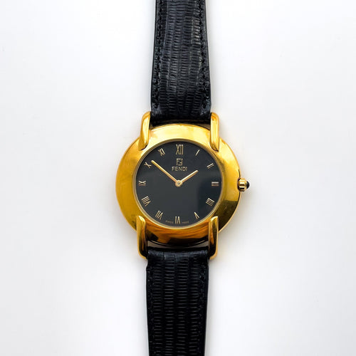 Vintage 90s Unisex Gold-Plated Fendi Quartz Watch with Black Dial