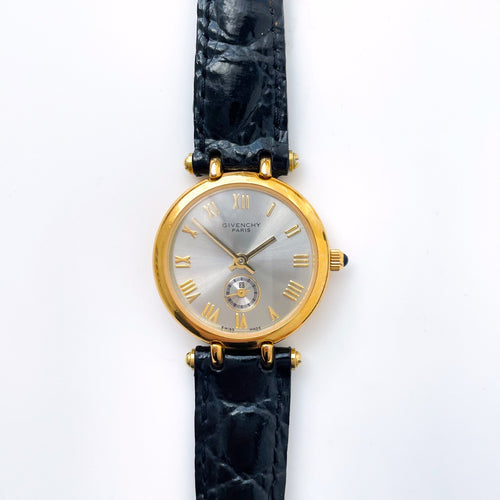 Vintage 1990s Gold-Plated Ladies' Givenchy 'Griffe' Quartz Watch with Black Leather Strap