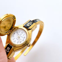 Load image into Gallery viewer, Vintage André Mouche Quartz Watch - Black Floral Design, Concealed Dial, Gold-Plated
