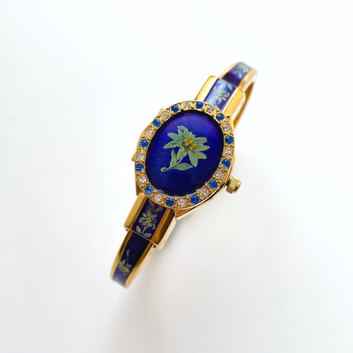 Vintage Andr√© Mouche Crystal-Set Quartz Watch with Green and Navy Enamel Floral Design, Concealead Dial and Gold-Plated Bangle Bracelet