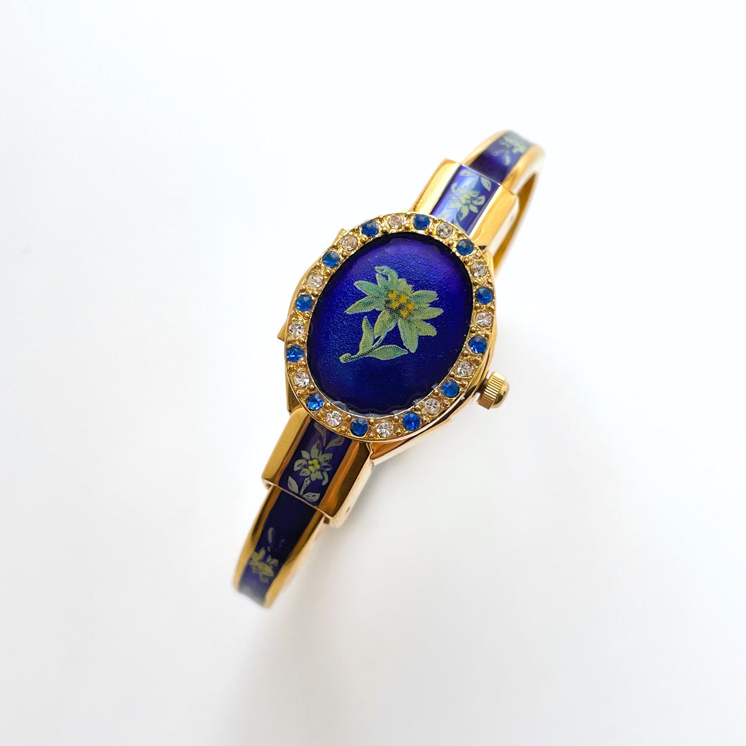 Vintage Andr√© Mouche Crystal-Set Quartz Watch with Green and Navy Enamel Floral Design, Concealead Dial and Gold-Plated Bangle Bracelet