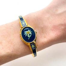 Load image into Gallery viewer, Vintage Andr√© Mouche Quartz Watch with Green and Navy Enamel Floral Design, Concealed Dial and Gold-Plated Bangle Bracelet - Boxed
