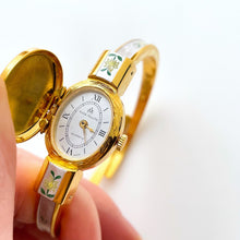 Load image into Gallery viewer, Vintage Andr√© Mouche Quartz Watch with Enamel Floral Design, Concealead Dial and Gold-Plated Bangle Bracelet
