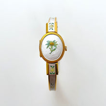 Load image into Gallery viewer, Vintage Andr√© Mouche Quartz Watch with Enamel Floral Design, Concealead Dial and Gold-Plated Bangle Bracelet
