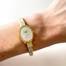 Load image into Gallery viewer, Vintage Andr√© Mouche Quartz Watch with Enamel Floral Design, Concealead Dial and Gold-Plated Bangle Bracelet
