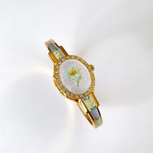 Load image into Gallery viewer, Vintage Andr√© Mouche Quartz Watch with Enamel Floral Design, Concealead Dial and Gold-Plated Bangle Bracelet
