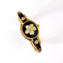 Load image into Gallery viewer, Vintage Andr√© Mouche Quartz Watch with Black Enamel Floral Design, Concealead Dial and Gold-Plated Bangle Bracelet
