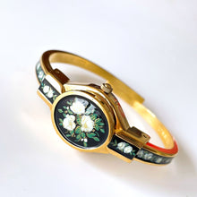 Load image into Gallery viewer, Vintage Andr√© Mouche Quartz Watch with Black and Green Enamel Floral Design, Concealead Dial and Gold-Plated Bangle Bracelet
