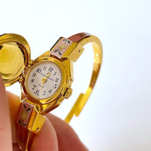 Load image into Gallery viewer, Vintage Andr√© Mouche Quartz Watch with Pink Enamel Floral Design, Concealead Dial and Gold-Plated Bangle Bracelet
