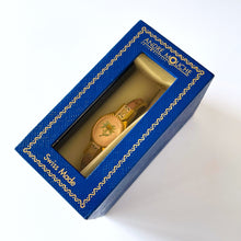 Load image into Gallery viewer, Vintage Andr√© Mouche Quartz Watch with Pink Enamel Floral Design, Concealead Dial and Gold-Plated Bangle Bracelet
