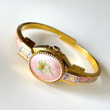 Load image into Gallery viewer, Vintage Andr√© Mouche Quartz Watch with Pink Enamel Floral Design, Concealead Dial and Gold-Plated Bangle Bracelet
