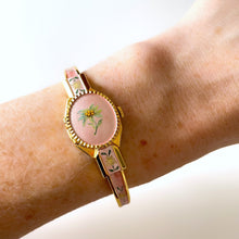 Load image into Gallery viewer, Vintage Andr√© Mouche Quartz Watch with Pink Enamel Floral Design, Concealead Dial and Gold-Plated Bangle Bracelet
