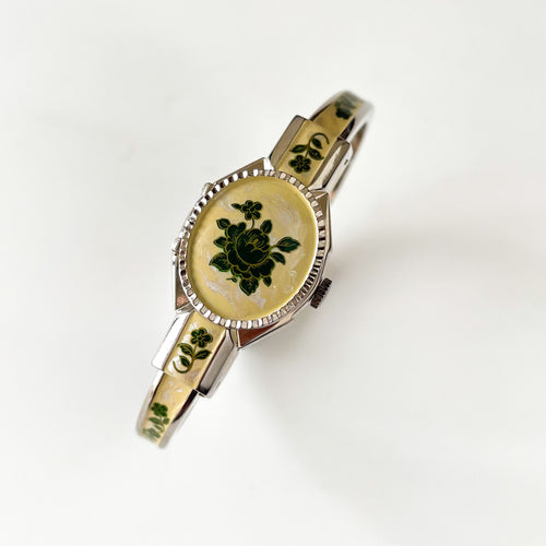 Vintage Andr√© Mouche Quartz Watch with Pink Enamel Floral Design, Concealead Dial and Silver Tone Bangle Bracelet
