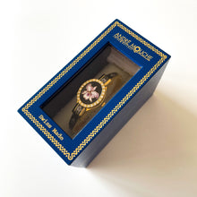 Load image into Gallery viewer, Vintage Andr√© Mouche Quartz Watch with Black and Purple Enamel Floral Design, Concealead Dial and Gold-Plated Bangle Bracelet
