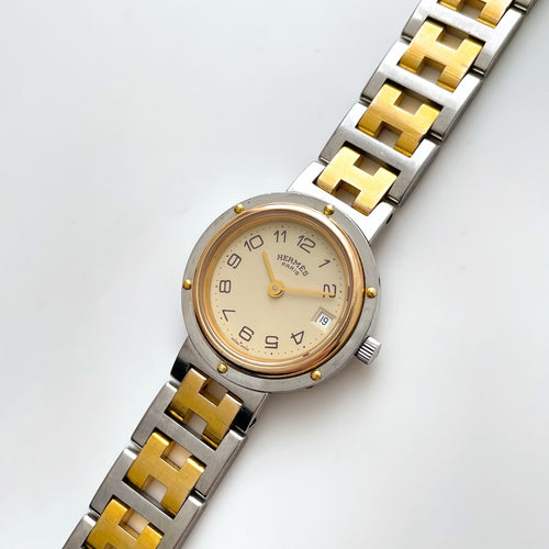 Vintage Two-Tone Herm√®s Clipper Ladies' Quartz Watch with Round Beige Dial