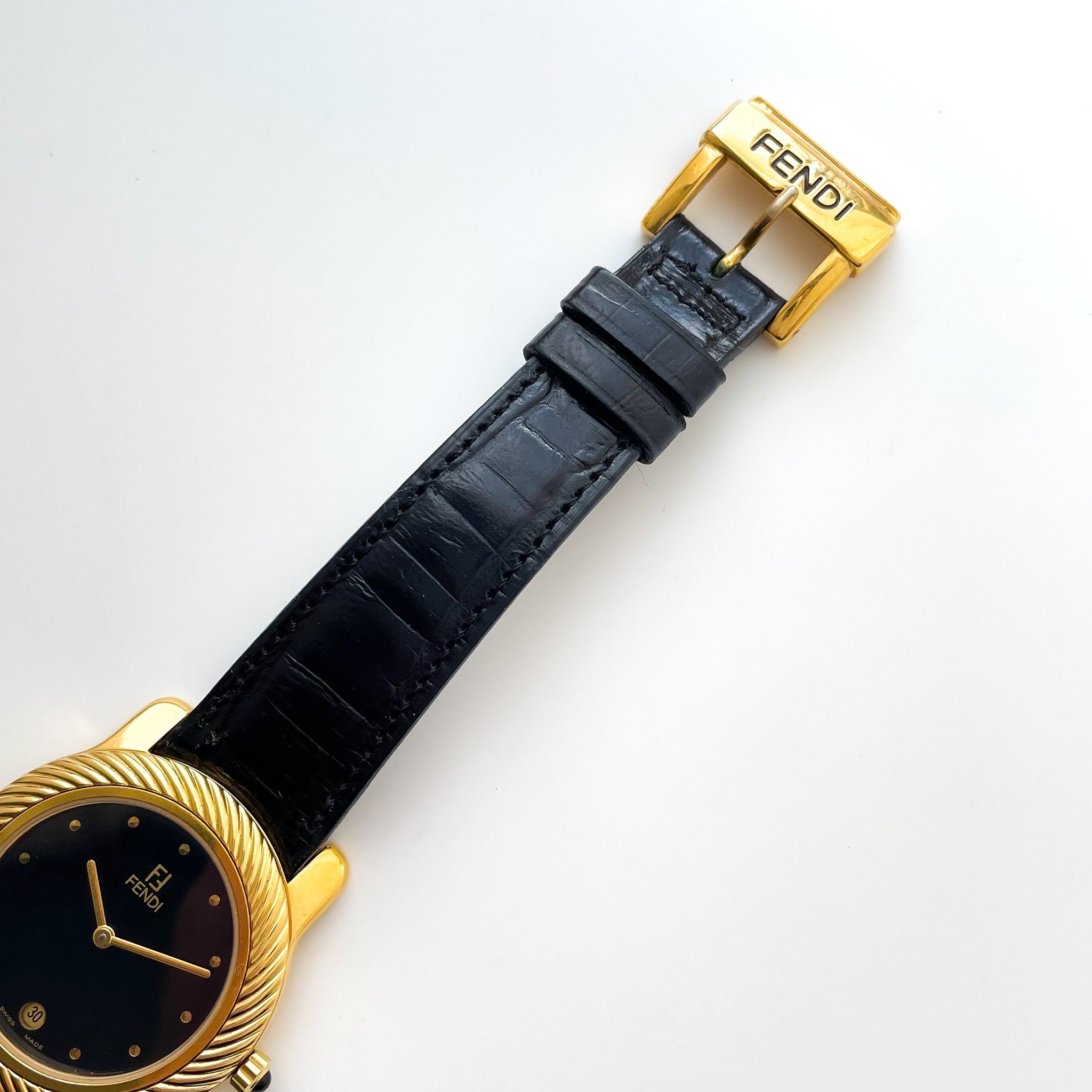 Vintage 90s Unisex Gold-Plated Fendi Quartz Watch with Black Dial