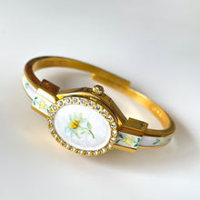 Load image into Gallery viewer, Vintage Andr√© Mouche Quartz Watch with Enamel Floral Design, Concealead Dial and Gold-Plated Bangle Bracelet
