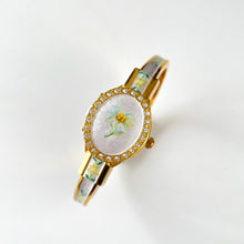 Load image into Gallery viewer, Vintage Andr√© Mouche Quartz Watch with Enamel Floral Design, Concealead Dial and Gold-Plated Bangle Bracelet
