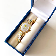 Load image into Gallery viewer, Vintage Andr√© Mouche Quartz Watch with Enamel Floral Design, Concealead Dial and Gold-Plated Bangle Bracelet
