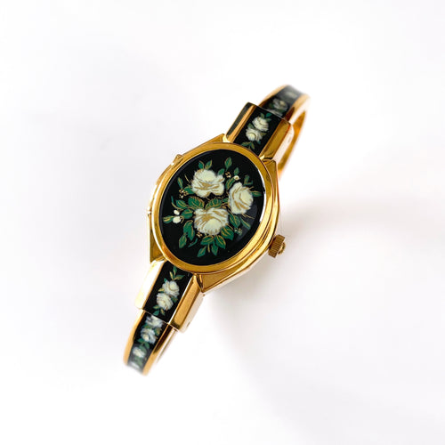 Vintage Andr√© Mouche Quartz Watch with Black and Green Enamel Floral Design, Concealead Dial and Gold-Plated Bangle Bracelet