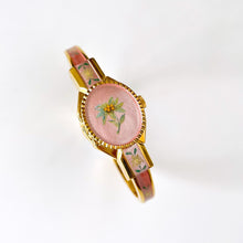 Load image into Gallery viewer, Vintage Andr√© Mouche Quartz Watch with Pink Enamel Floral Design, Concealead Dial and Gold-Plated Bangle Bracelet

