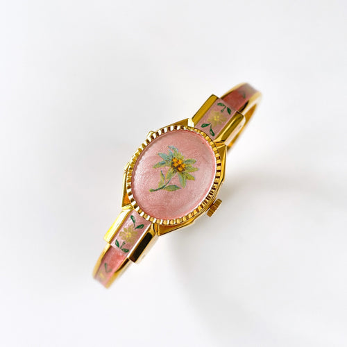 Vintage Andr√© Mouche Quartz Watch with Pink Enamel Floral Design, Concealead Dial and Gold-Plated Bangle Bracelet