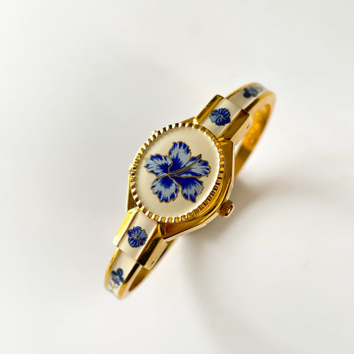 Vintage Andr√© Mouche Quartz Watch with Beige and Blue Enamel Floral Design, Concealead Dial and Gold-Plated Bangle Bracelet