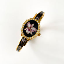 Load image into Gallery viewer, Vintage Andr√© Mouche Quartz Watch with Black and Purple Enamel Floral Design, Concealead Dial and Gold-Plated Bangle Bracelet
