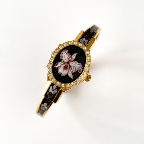 Vintage Andr√© Mouche Quartz Watch with Black and Purple Enamel Floral Design, Concealead Dial and Gold-Plated Bangle Bracelet