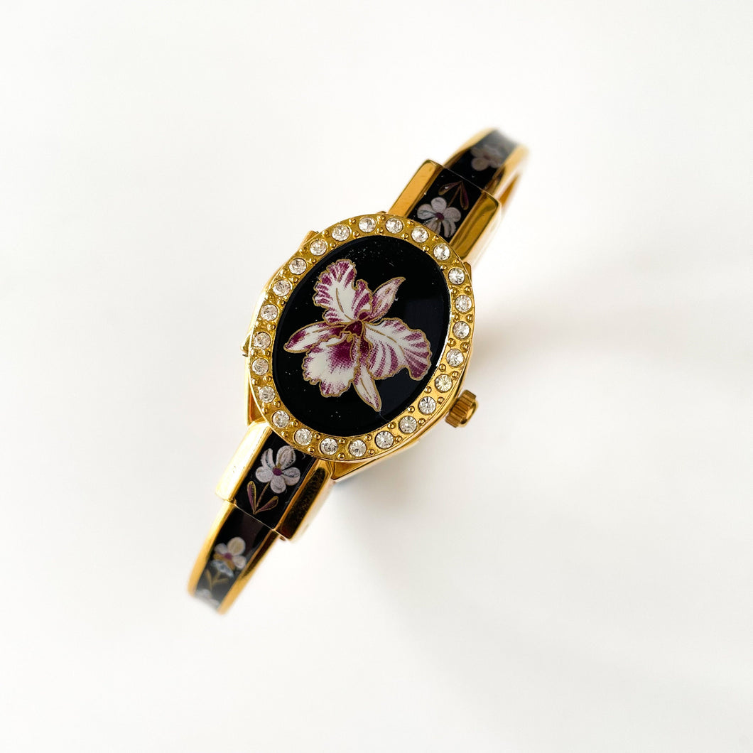 Vintage Andr√© Mouche Quartz Watch with Black and Purple Enamel Floral Design, Concealead Dial and Gold-Plated Bangle Bracelet