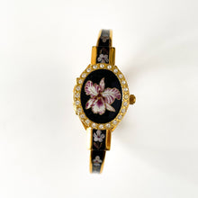 Load image into Gallery viewer, Vintage Andr√© Mouche Quartz Watch with Black and Purple Enamel Floral Design, Concealead Dial and Gold-Plated Bangle Bracelet
