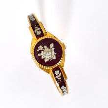 Load image into Gallery viewer, Vintage Andr√© Mouche Quartz Watch with Burgundy Enamel Floral Design, Concealead Dial and Gold-Plated Bangle Bracelet
