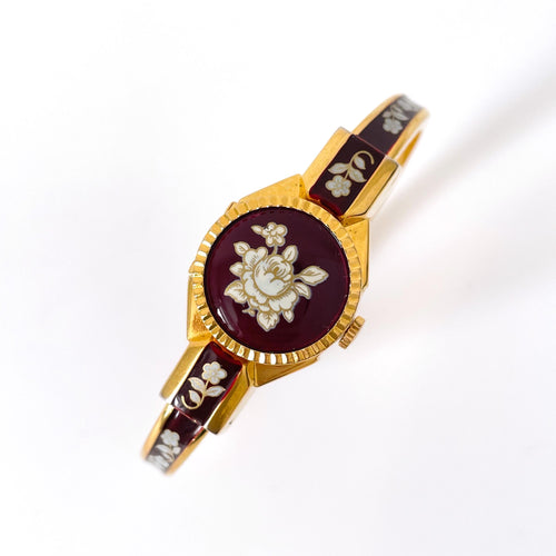 Vintage Andr√© Mouche Quartz Watch with Burgundy Enamel Floral Design, Concealead Dial and Gold-Plated Bangle Bracelet