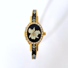 Load image into Gallery viewer, Vintage Andr√© Mouche Quartz Watch with Black Enamel Floral Design, Concealead Dial and Gold-Plated Bangle Bracelet
