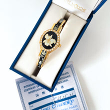 Load image into Gallery viewer, Vintage Andr√© Mouche Quartz Watch with Black Enamel Floral Design, Concealead Dial and Gold-Plated Bangle Bracelet
