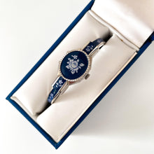 Load image into Gallery viewer, Vintage Andr√© Mouche Quartz Watch with Navy Enamel Floral Design, Concealead Dial and Silver-Tone Bangle Bracelet
