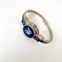Load image into Gallery viewer, Vintage Andr√© Mouche Quartz Watch with Navy Enamel Floral Design, Concealead Dial and Silver-Tone Bangle Bracelet

