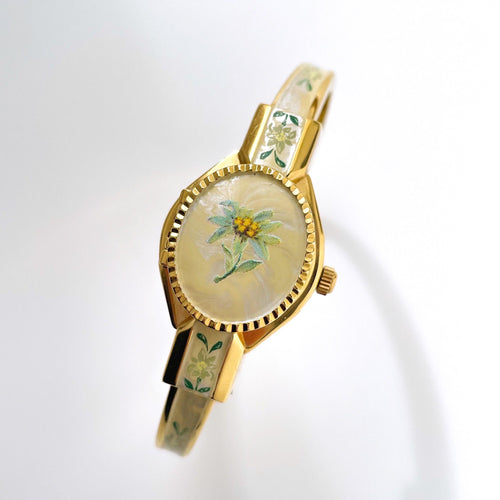 Vintage Andr√© Mouche Quartz Watch with Enamel Floral Design, Concealead Dial and Gold-Plated Bangle Bracelet