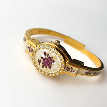Load image into Gallery viewer, Vintage Andr√© Mouche Quartz Watch with Enamel Floral Design, Concealed Dial and Gold-Plated Bangle Bracelet
