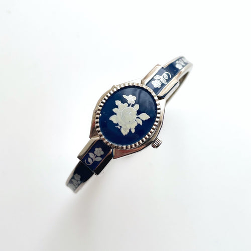 Vintage Andr√© Mouche Quartz Watch with Navy Enamel Floral Design, Concealed Dial and Silver-Tone Bangle Bracelet