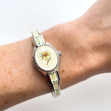 Load image into Gallery viewer, Vintage Andr√© Mouche Quartz Watch with Enamel Floral Design, Concealed Dial and Silver-Tone Bangle Bracelet
