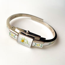 Load image into Gallery viewer, Vintage 1999 Andr√© Mouche Quartz Watch with Enamel Floral Design, Concealed Dial and Stainless Steel Bangle Bracelet
