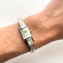 Load image into Gallery viewer, Vintage 1999 Andr√© Mouche Quartz Watch with Enamel Floral Design, Concealed Dial and Stainless Steel Bangle Bracelet
