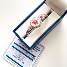 Load image into Gallery viewer, Vintage 1999 Andr√© Mouche Quartz Watch with Pink Enamel Floral Design, Concealed Dial and Silver-Tone Bangle Bracelet
