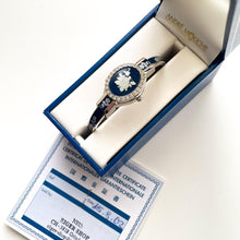 Load image into Gallery viewer, Vintage Andr√© Mouche Quartz Watch with Navy Enamel Floral Design, Concealed Dial and Silver-Tone Bangle Bracelet
